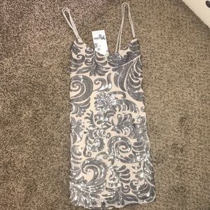 Show Me Your MuMu taupe and silver sequence dress